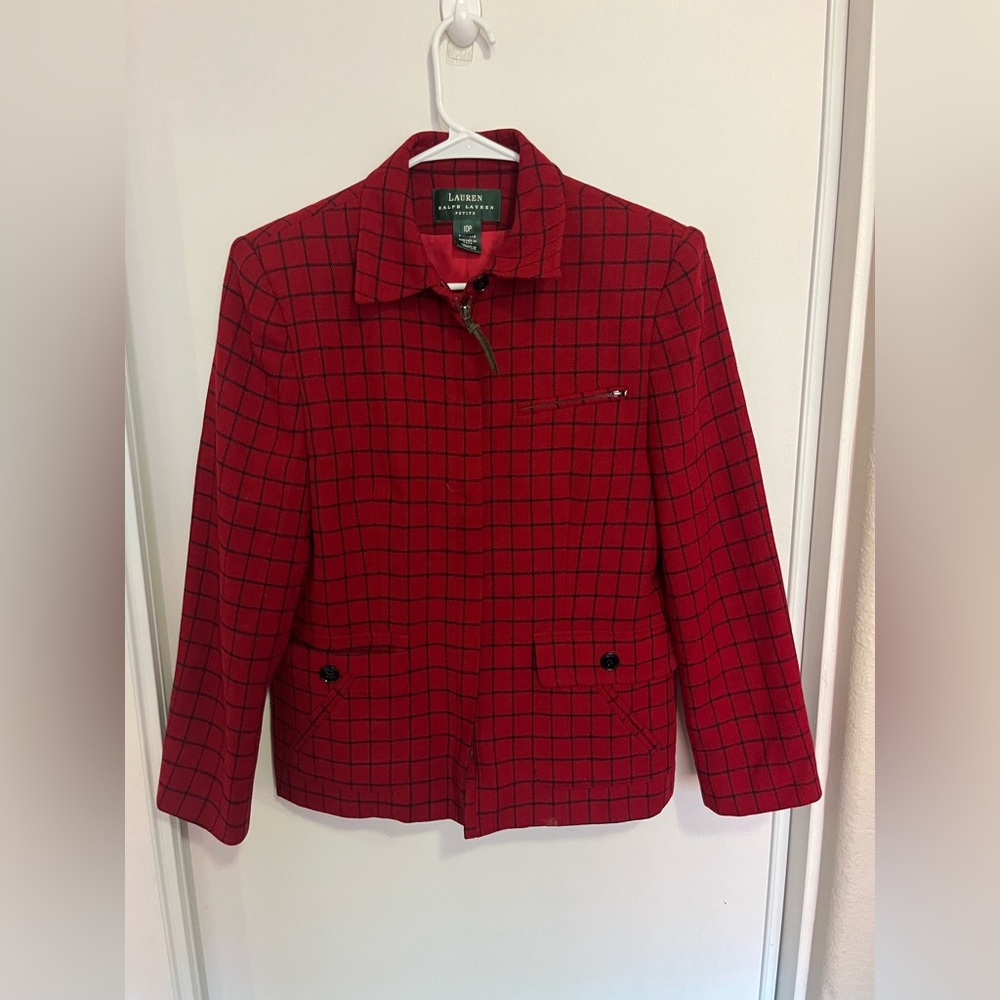 Lauren Ralph Lauren Jacket Womens 10P Red Plaid Wool Blend Lined Blazer Full Zip